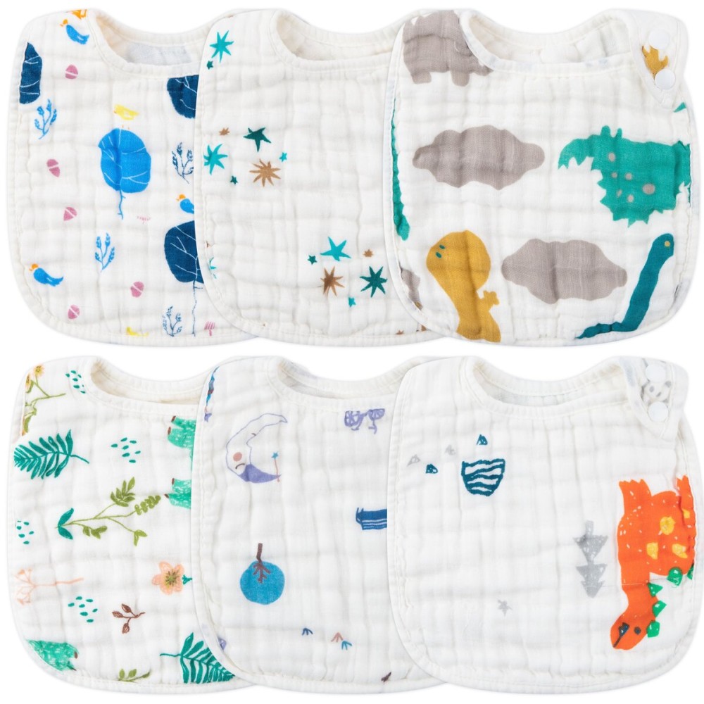 Zainpe 6Pcs Snap Muslin Cotton Baby Bibs Dinosaur Star Bear Pattern Bib, Adjustable Burp Cloths with 6 Absorbent & Soft Layers for Infants Newborns Toddlers Drooling Feeding Teething