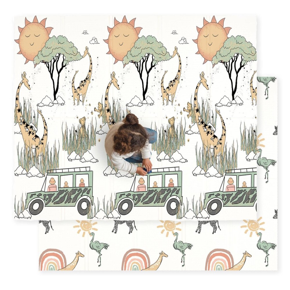 JumpOff Jo Baby Play Mat - Large Folding Foam Play Mat for Infants, Babies, Toddlers, Waterproof, Double-Sided (70 x 59) - Safari