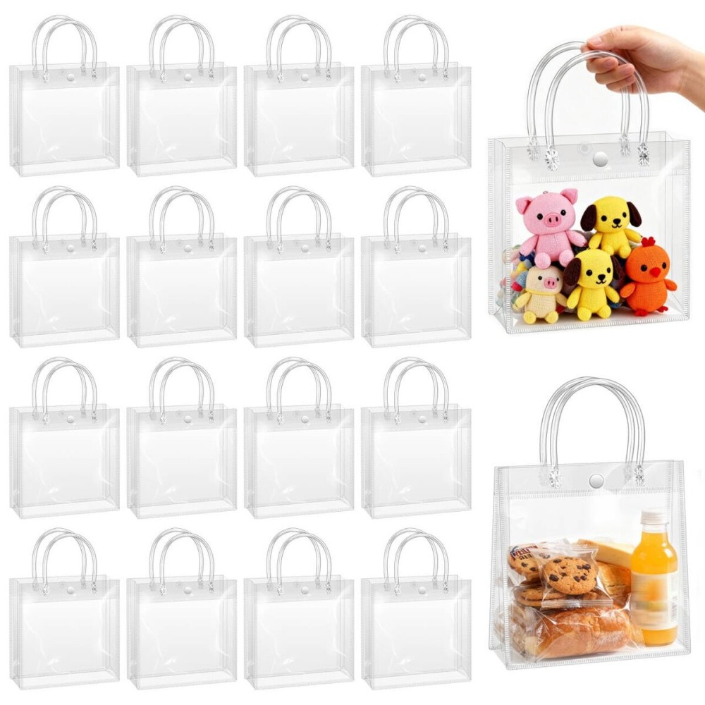 BadenBach 16 Pack Clear Gift Bags with Handles, 7.9 x 7.9 x 3.2 Small Reusable Plastic Party Favor Bags Bulk, Transparent PVC Tote Bag for Wedding, Birthday, Christmas, Boutique (20x20x8 cm)