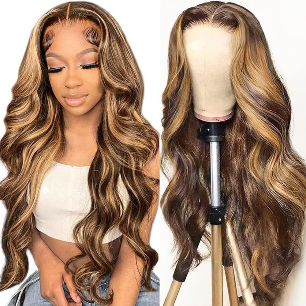 Hedy 4/27 Ombre Highlight Glueless Lace Front Wigs Human Hair Body Wave Wigs for Black Women Pre Plucked with Baby Hair 150% Density 4x4 Lace Closure (22 Inch, 4/27 Highlight Color)