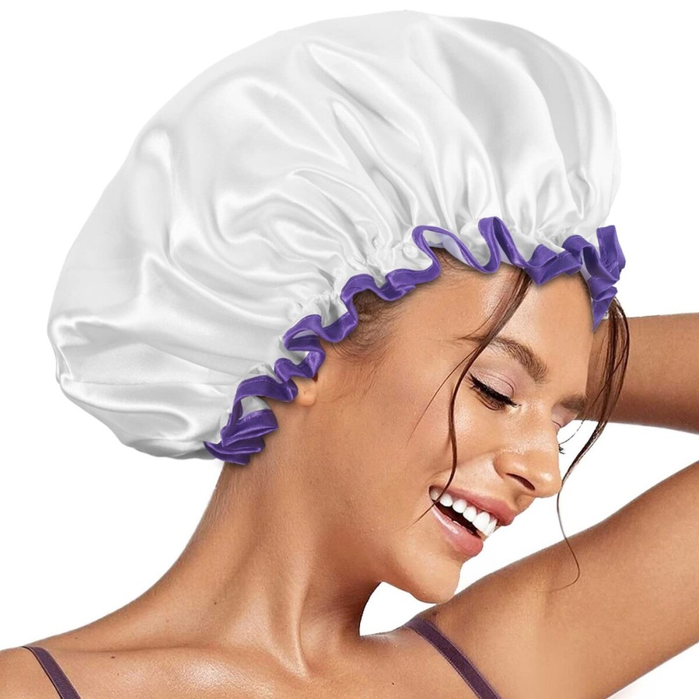 Aquior Shower Cap, Shower Cap for Women Reusable Waterproof, Large Bath Hair Cap for All Hair Lengths, Ladies, Men and Kids (White)