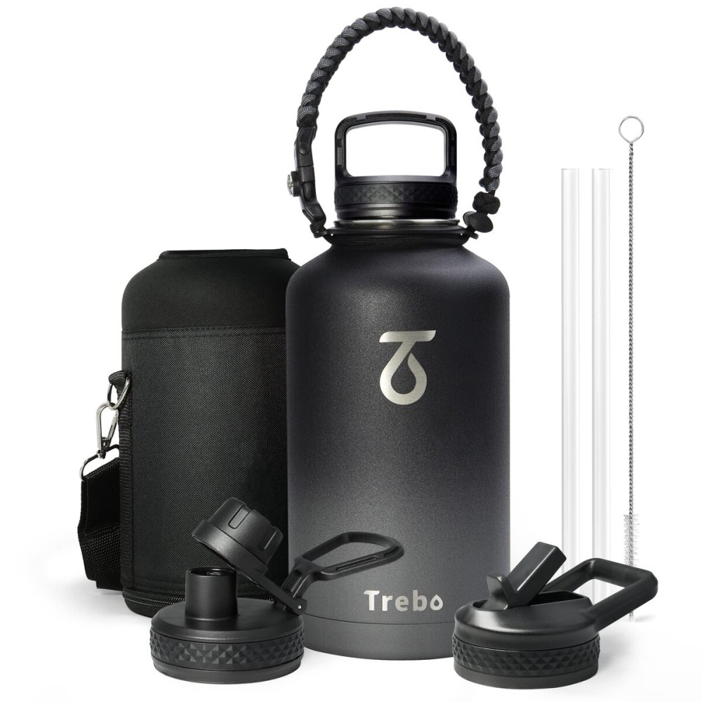 Trebo Water Bottle 64oz with Paracord Handle, Half Gallon Large Vacuum Double Wall Stainless Steel Insulated Water Jug with Straw Spout Handle Lids, Leakproof BPA-Free Keep Cold & Hot, Dark Gray