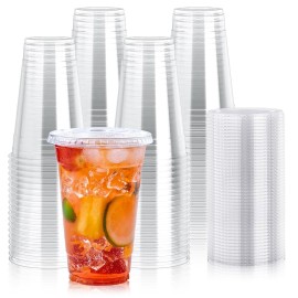 Lilymicky [90 Sets] 20 oz Clear Plastic Cups With Flat Lids, Disposable Drinking Cups, 20 oz Plastic Cups for Ice Coffee, Smoothie, Slurpee, or Any Cold Drinks