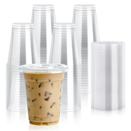 Lilymicky 90 Sets 16 oz Clear Plastic Cups With Flat Lids, 16 Ounce Disposable Drinking Cups With Lids for Ice Coffee, Smoothie, Slurpee, or Any Cold Drinks