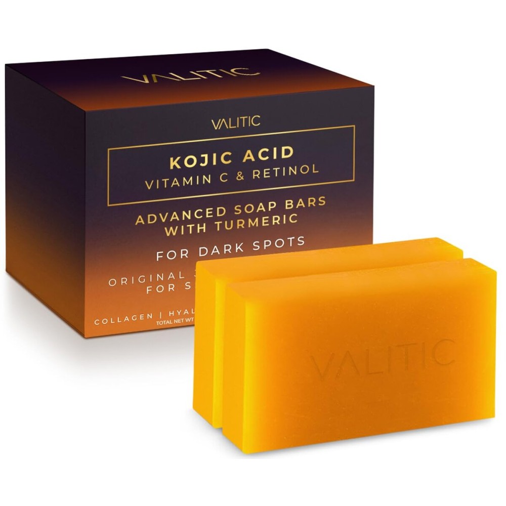 VALITIC Kojic Acid Vitamin C and Retinol Soap Bars with Turmeric for Dark Spot - Original Japanese Complex Infused with Collagen, Hyaluronic Acid, and Vitamin E (2 Pack)