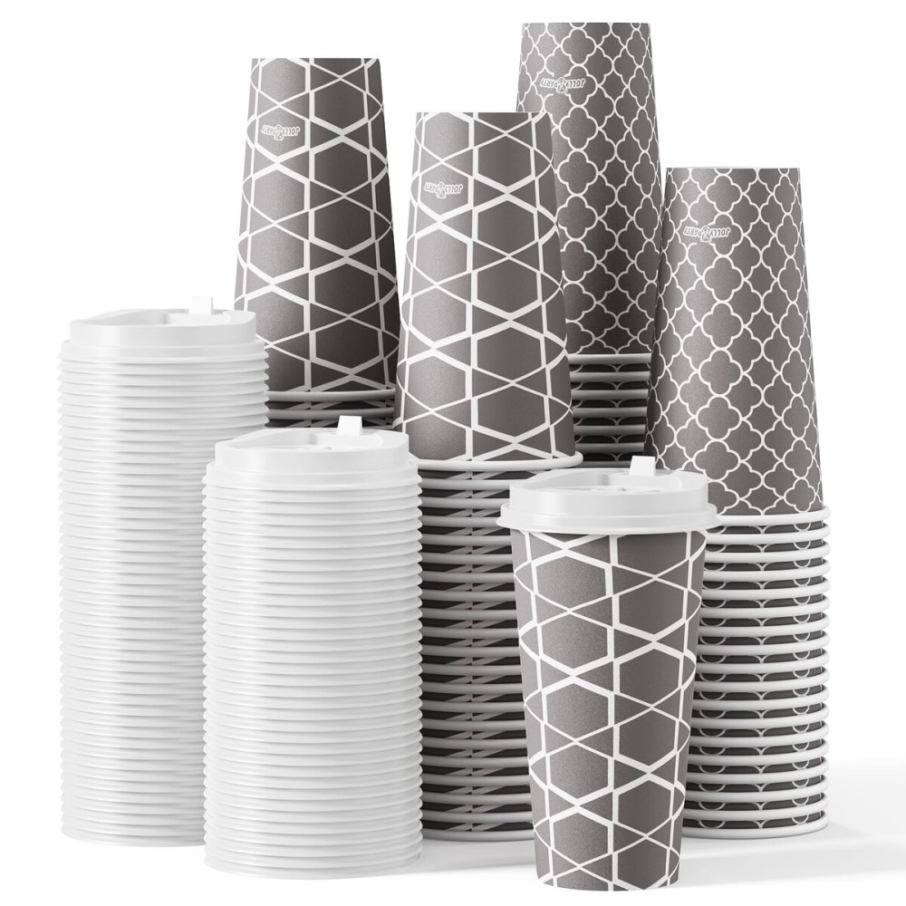 JOLLY PARTY Disposable Coffee Cups with Lids -20 oz (100 Sets) To Go Cups, Paper Coffee Cups for Beverages Espresso Tea, Suitable for Cafes, Offices and Home