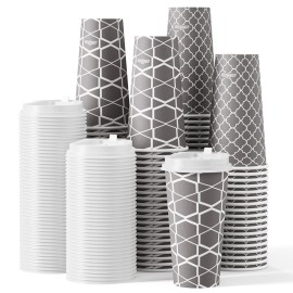 JOLLY PARTY Disposable Coffee Cups with Lids -20 oz (100 Sets) To Go Cups, Paper Coffee Cups for Beverages Espresso Tea, Suitable for Cafes, Offices and Home