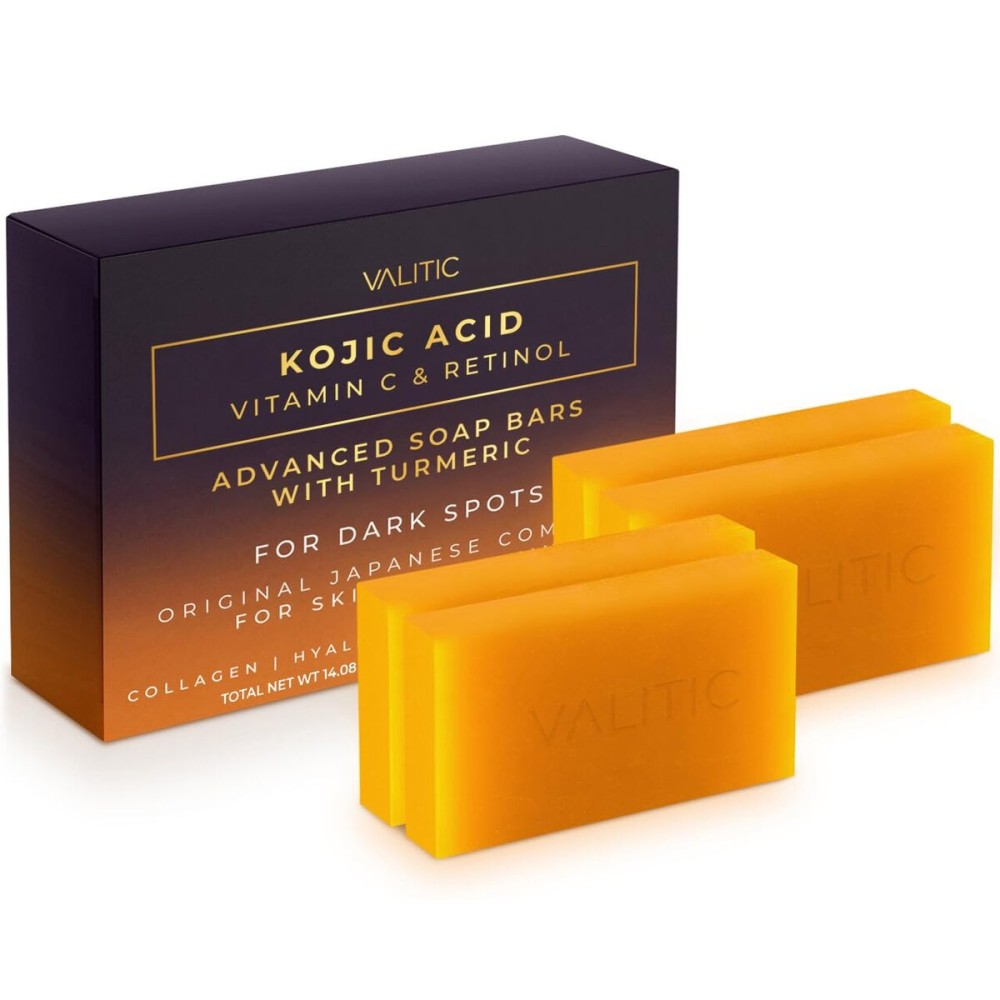 VALITIC Kojic Acid Vitamin C and Retinol Soap Bars with Turmeric for Dark Spot - Original Japanese Complex Infused with Collagen, Hyaluronic Acid, and Vitamin E (4 Pack)