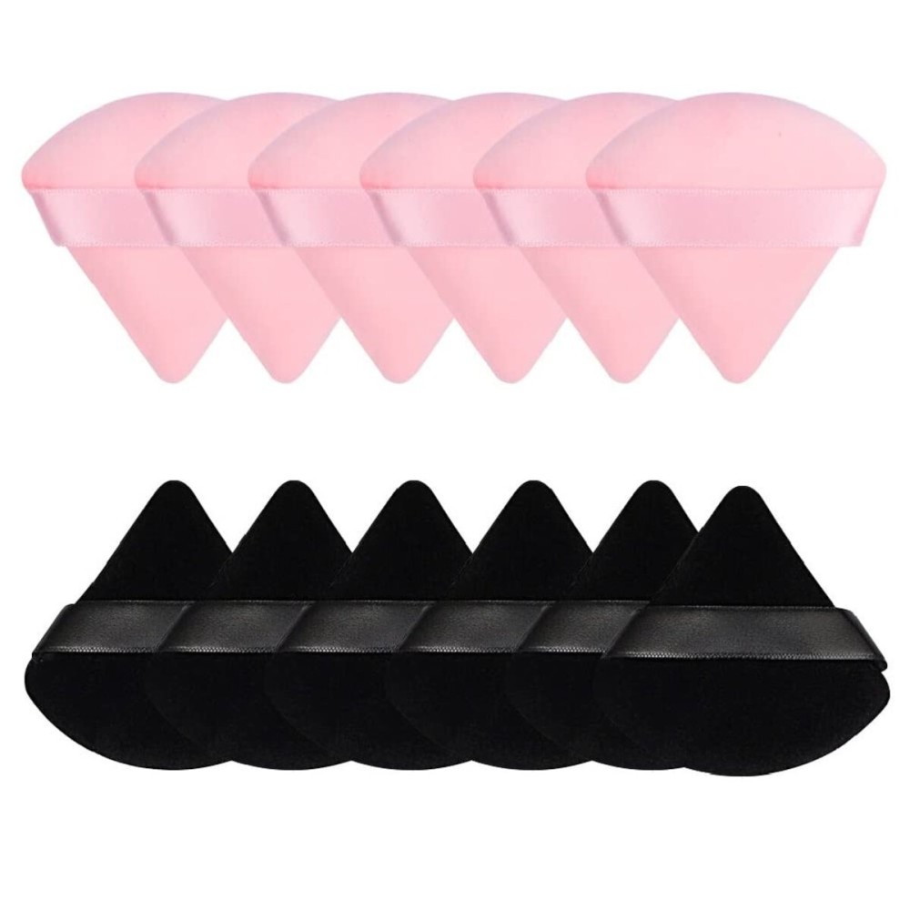 Pimoys 12 Pieces Powder Puff Face Triangle Makeup Puff Soft Cosmetic Foundation Sponge Velour Puff for Loose Powder Body Powder Beauty Wet Dry Makeup Tool(Black, Pink)