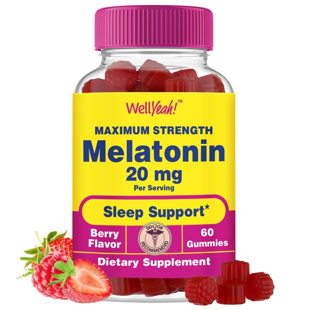 WellYeah Melatonin Gummies 20mg | Sleep Support | Maximum Strength Melatonin 20mg Gummies for Adults | Fast Dissolved | Great Berry Flavor | 60 Count | Vegan, Non GMO