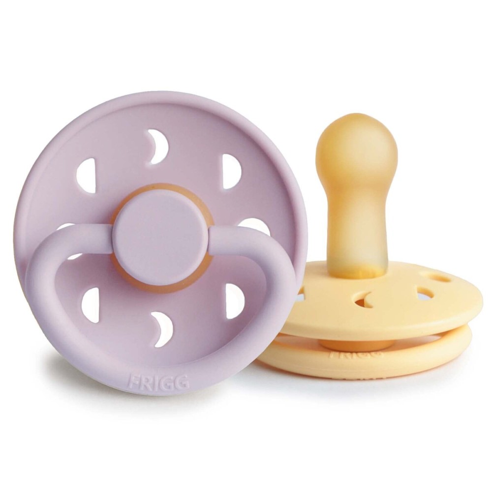FRIGG Moon Natural Rubber Baby Pacifier | Made in Denmark | BPA-Free (Soft Lilac/Daffodil, 6-18 Months) 2-Pack