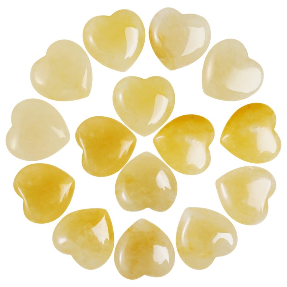 Marrywindix 15 Packs 0.8 Inch Healing Crystal Natural Yellow Jade Heart Love Carved Palm Worry Stone Chakra Reiki Balancing