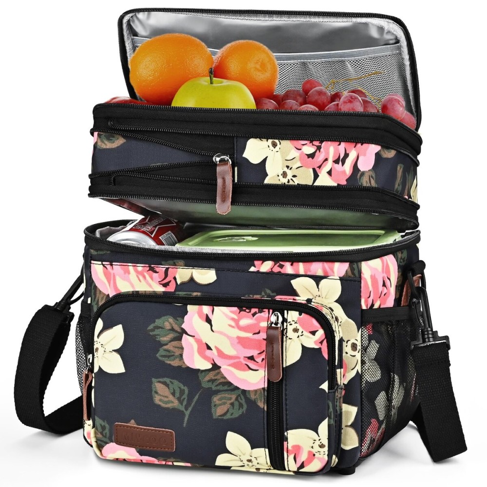 MIYCOO Lunch Bag & Lunch Box for Women Men, Double Deck Leakproof Insulated Soft Large Adult Camping Cooler bag for Work, Beach, Picnic, Travel (Flower, 15L)