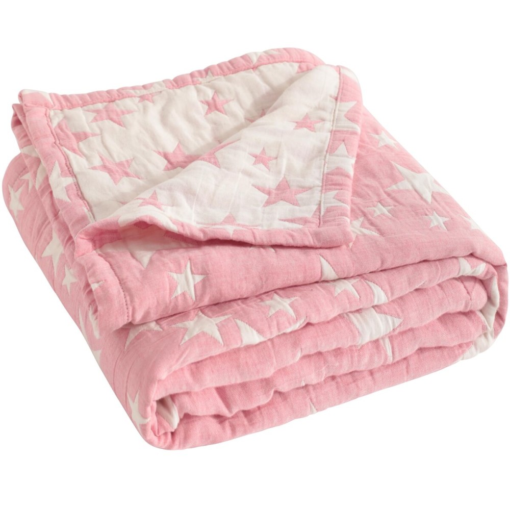 NTBAY 3 Layer Oversized Muslin Cotton Toddler Blanket, 45x60 Inches Jacquard Reversible Nursery Bed Blanket, Super Soft and Thermal Crib Blanket for All Seasons, Baby Gift, 45x60, Pink/White Star
