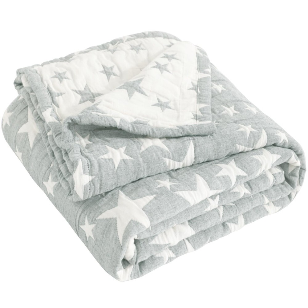 NTBAY 3 Layer Oversized Muslin Cotton Toddler Blanket, 45x60 Inches Jacquard Reversible Nursery Bed Blanket, Super Soft and Thermal Crib Blanket for All Seasons, Baby Gift, 45x60, Grey/White Star