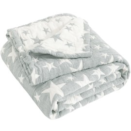NTBAY 3 Layer Oversized Muslin Cotton Toddler Blanket, 45x60 Inches Jacquard Reversible Nursery Bed Blanket, Super Soft and Thermal Crib Blanket for All Seasons, Baby Gift, 45x60, Grey/White Star