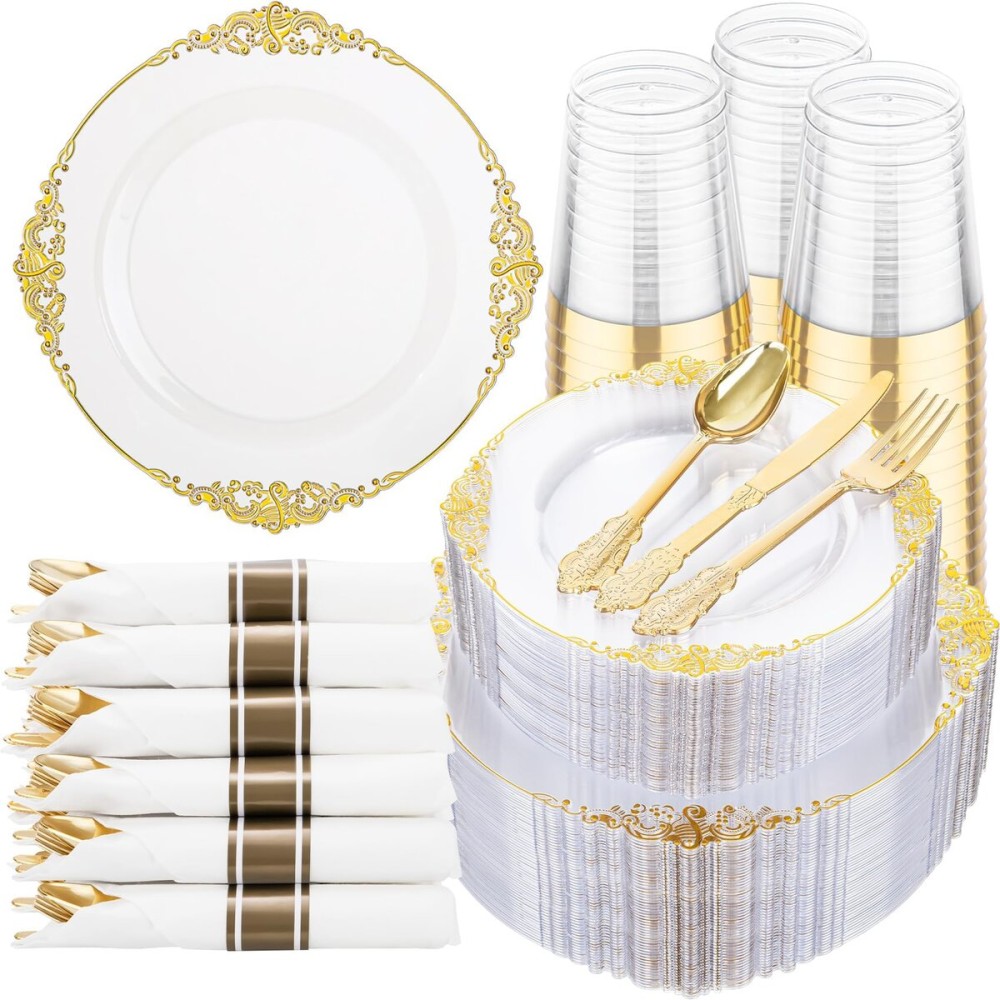 Hioasis 350pcs Clear and Gold Plastic Plates - Elegant Disposable Dinnerware Set Suitable for 50 Guests Include 10.25 Dinner & 7.5 Dessert Plates, Pre Rolled Silverware Set, Cups for Party & Wedding