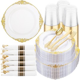 Hioasis 350pcs Clear and Gold Plastic Plates - Elegant Disposable Dinnerware Set Suitable for 50 Guests Include 10.25 Dinner & 7.5 Dessert Plates, Pre Rolled Silverware Set, Cups for Party & Wedding