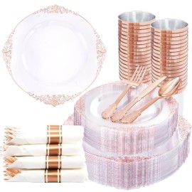 Nervure 350PCS Rose Gold Plastic Plates - Rose Gold Plastic Dinnerware Sets for 50 Guests - 100 Disposable Plates, 150 Silverware, 50 Cups, 50 Napkins for Wedding & Party