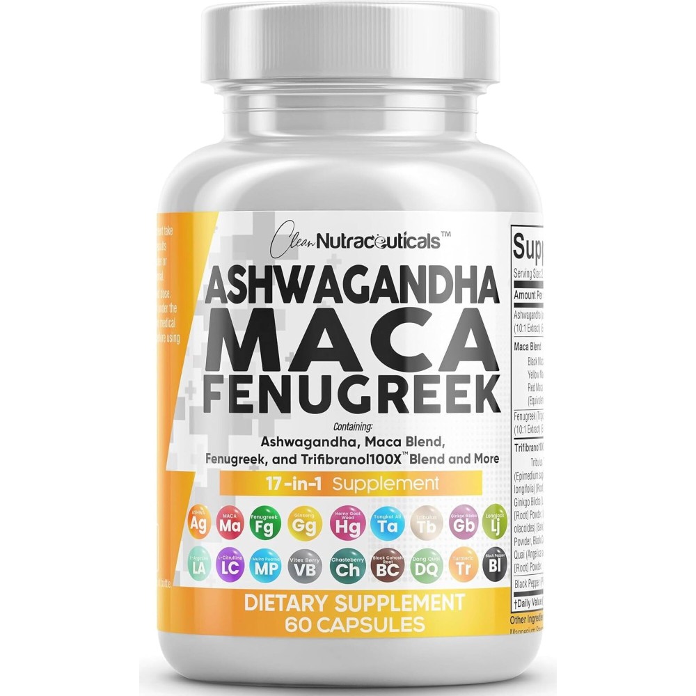 Clean Nutraceuticals Ashwagandha Maca Root Fenugreek Supplement with Tongkat Ali Ginseng - Assists with Stress, Mood & Thyroid - Ashwagandha Capsules Fenugreek Caps - 1 Pack