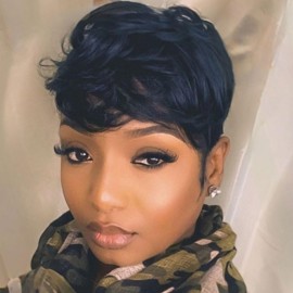 MOONSHOW Short Human Hair Wigs for Black Women Pixie Cut Wig Human Hair Black Short Curly Wigs Human Hair Wigs with Bangs Pixie Cut Wigs for Black Women Black Curly Wig