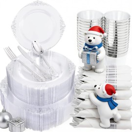 Morejoy 350PCS Clear Silver Plastic Plates - Silver Disposable Plates sets Include 50 Dinner Plates,50 Salad Plates,50 Forks,50 Knives, 50 Spoons50 Cups, 50 Rolled Napkins for Wedding & Christmas