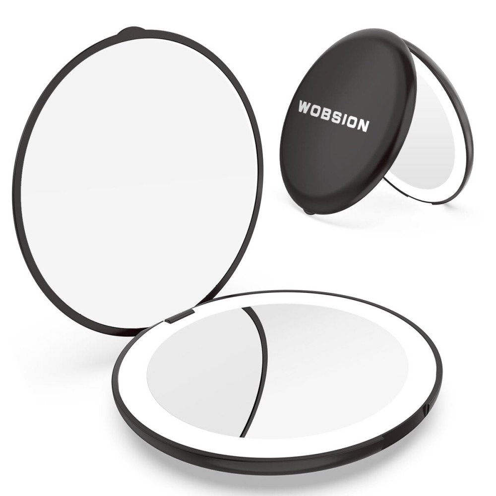 WOBSION Travel Compact Mirror,Portable 1x/10x LED Makeup Mirror with Magnification,Handheld 2-Sided Pocket Mirror, 3.5in Small Mirror for Purse,Handbag,Gift,Black