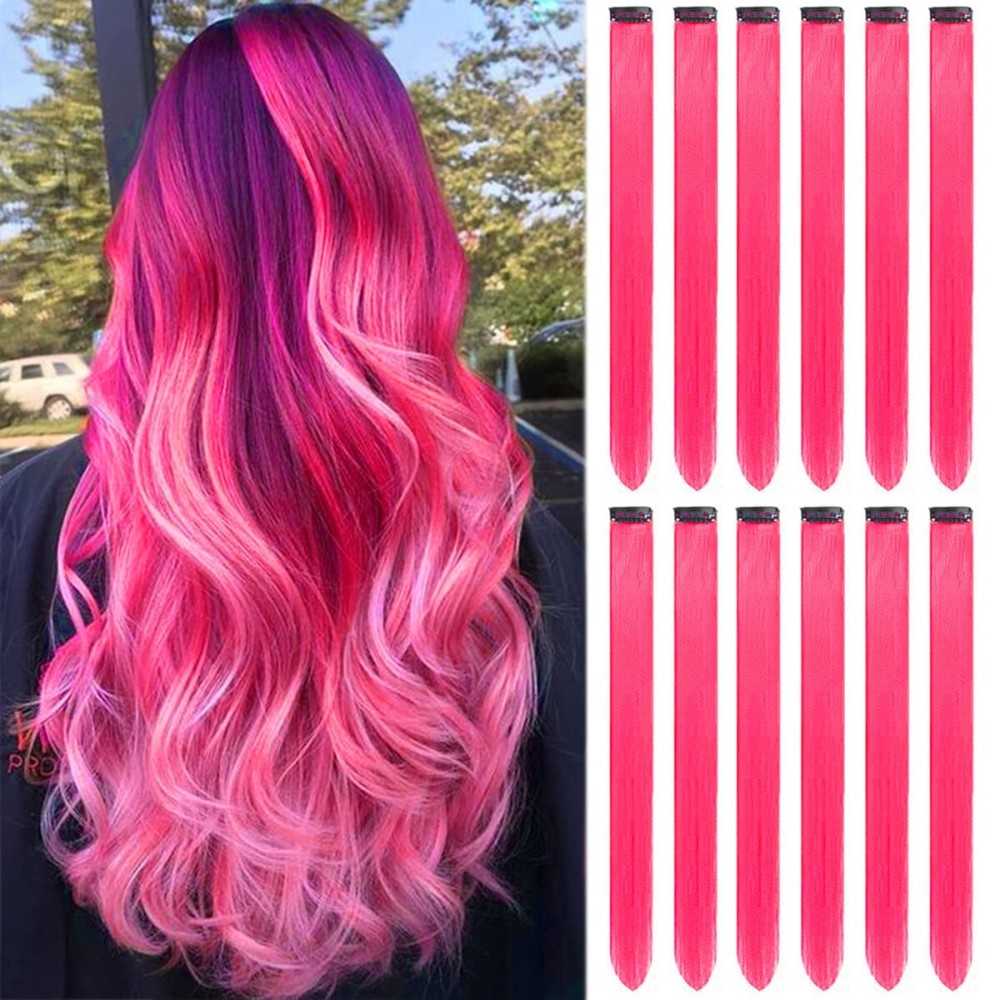 12 PCS Hot Pink Hair Extensions Clip in, Colored Party Highlights Extension for Kids Girls Synthetic Hairpiece Straight 22 inch