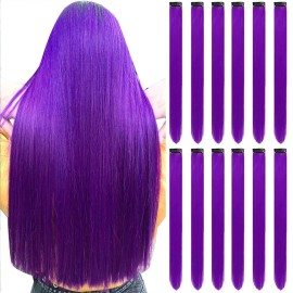 12 PCS Purple Hair Extensions Clip in, Colored Party Highlights Extension for Kids Girls Synthetic Hairpiece Straight 22 inch
