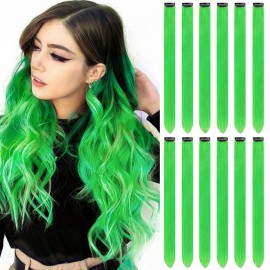 GPOVVIMX 12 PCS Green Hair Extensions Clip in, Colored Party Highlights Extension for Kids Girls Synthetic Hairpiece Straight 22 inch