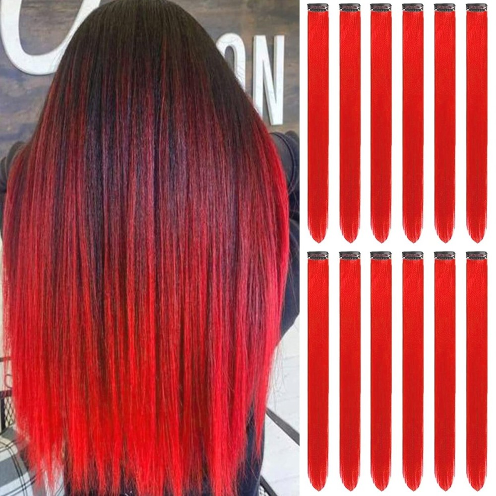 12 PCS Red Hair Extensions Clip in, Colored Party Highlights Extension for Kids Girls Synthetic Hairpiece Straight 22 inch