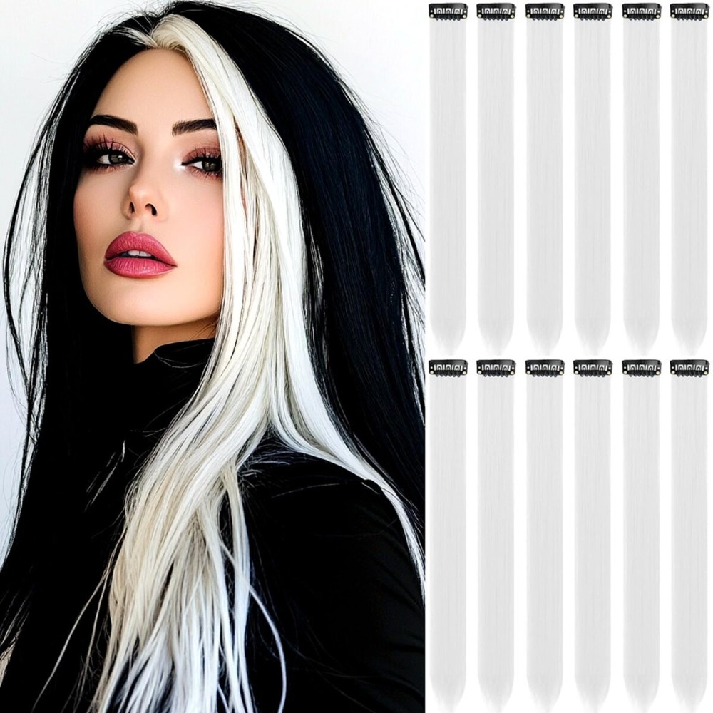 GPOVVIMX 12 PCS White Hair Extensions Clip in, Colored Party Highlights Extension for Kids Girls Synthetic Hairpiece Straight 22 inch
