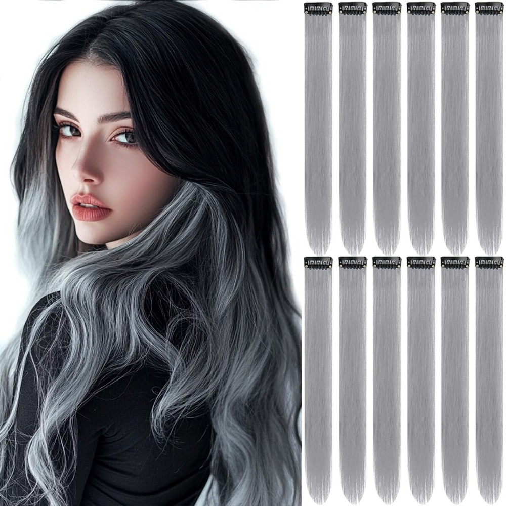 12 PCS Grey Hair Extensions Clip in, Colored Party Highlights Extension for Kids Girls Synthetic Hairpiece Straight 22 inch