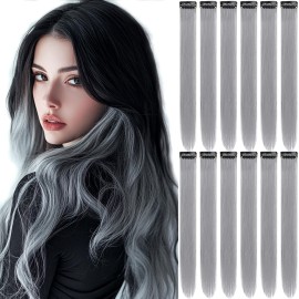 12 PCS Grey Hair Extensions Clip in, Colored Party Highlights Extension for Kids Girls Synthetic Hairpiece Straight 22 inch