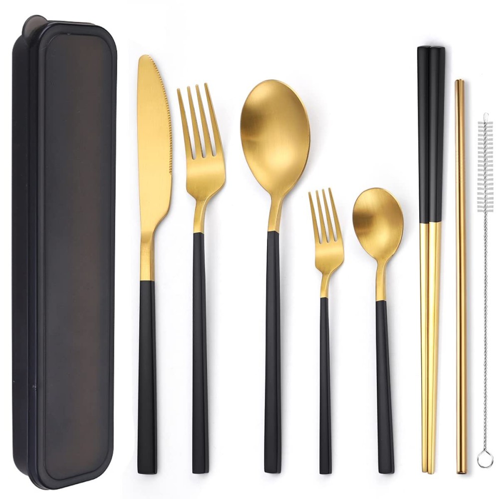 AARAINBOW 6 Pieces Stainless Steel Flatware Set Portable Reusable Cutlery Set Travel Utensils Set Including Chopsticks Knife Fork Spoon Straws Cleaning Brush Dishwasher Safe (B-Black golden)