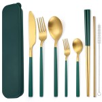 AARAINBOW 6 Pieces Stainless Steel Flatware Set Portable Reusable Cutlery Set Travel Utensils Set Including Chopsticks Knife Fork Spoon Straws Cleaning Brush Dishwasher Safe (B-Green golden)