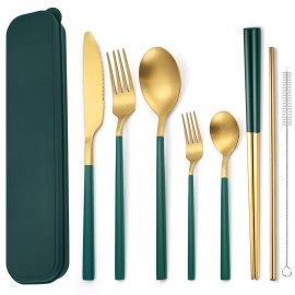 AARAINBOW 6 Pieces Stainless Steel Flatware Set Portable Reusable Cutlery Set Travel Utensils Set Including Chopsticks Knife Fork Spoon Straws Cleaning Brush Dishwasher Safe (B-Green golden)