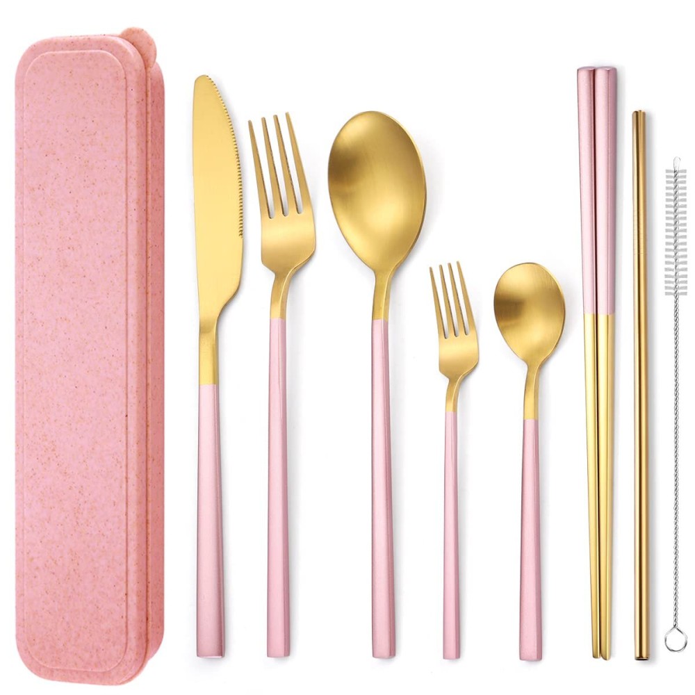 AARAINBOW 6 Pieces Stainless Steel Flatware Set Portable Reusable Cutlery Set Travel Utensils Set Including Chopsticks Knife Fork Spoon Straws Cleaning Brush Dishwasher Safe (B-Pink golden)