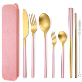 AARAINBOW 6 Pieces Stainless Steel Flatware Set Portable Reusable Cutlery Set Travel Utensils Set Including Chopsticks Knife Fork Spoon Straws Cleaning Brush Dishwasher Safe (B-Pink golden)