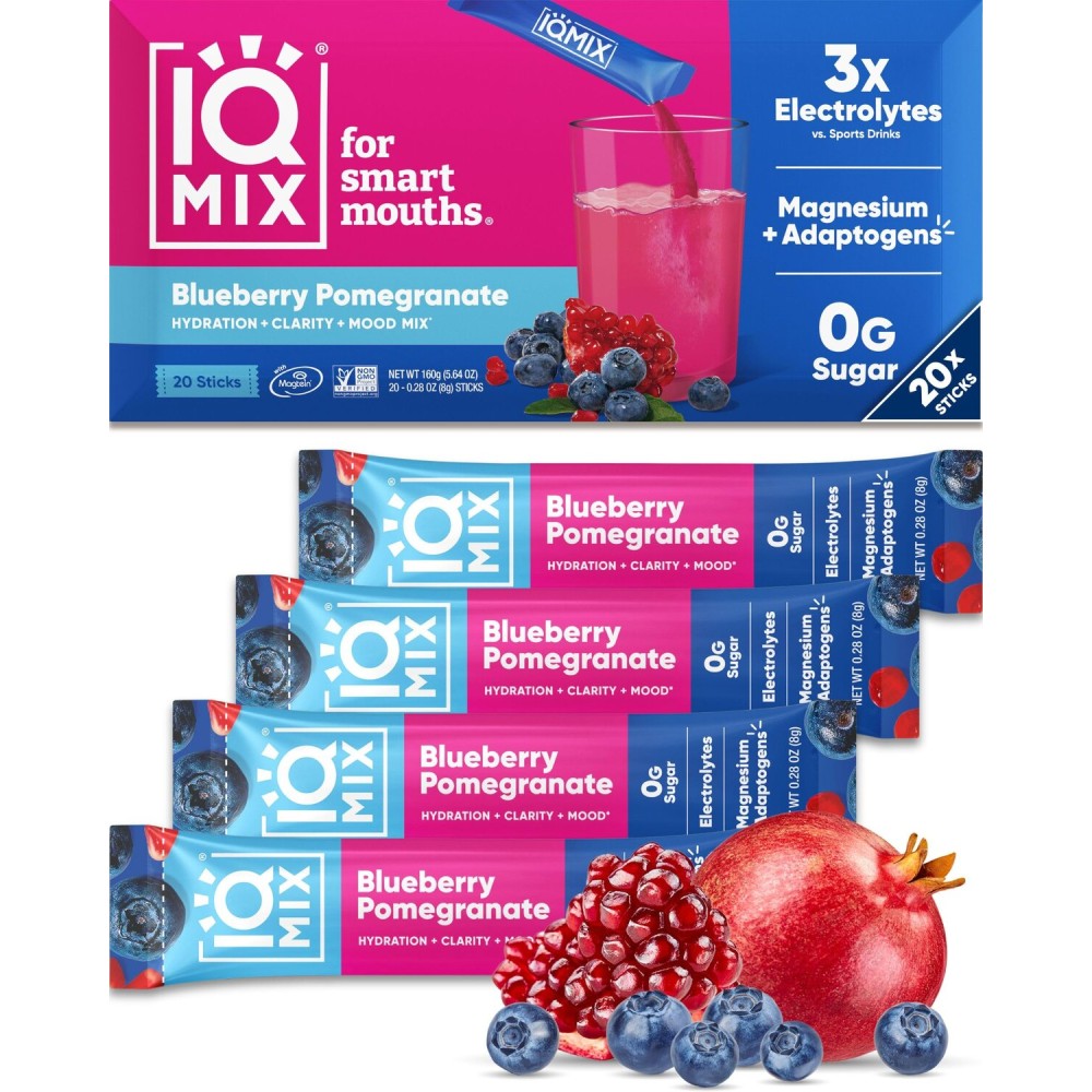 IQMIX Hydration Electrolyte Powder - 4-in-1 Formula for Hydration, Mental Clarity, Mood and Recovery - Sugar-Free Drink Mix, Keto, Magnesium L-Threonate, Lions Mane - 20 Count Blueberry Pomegranate