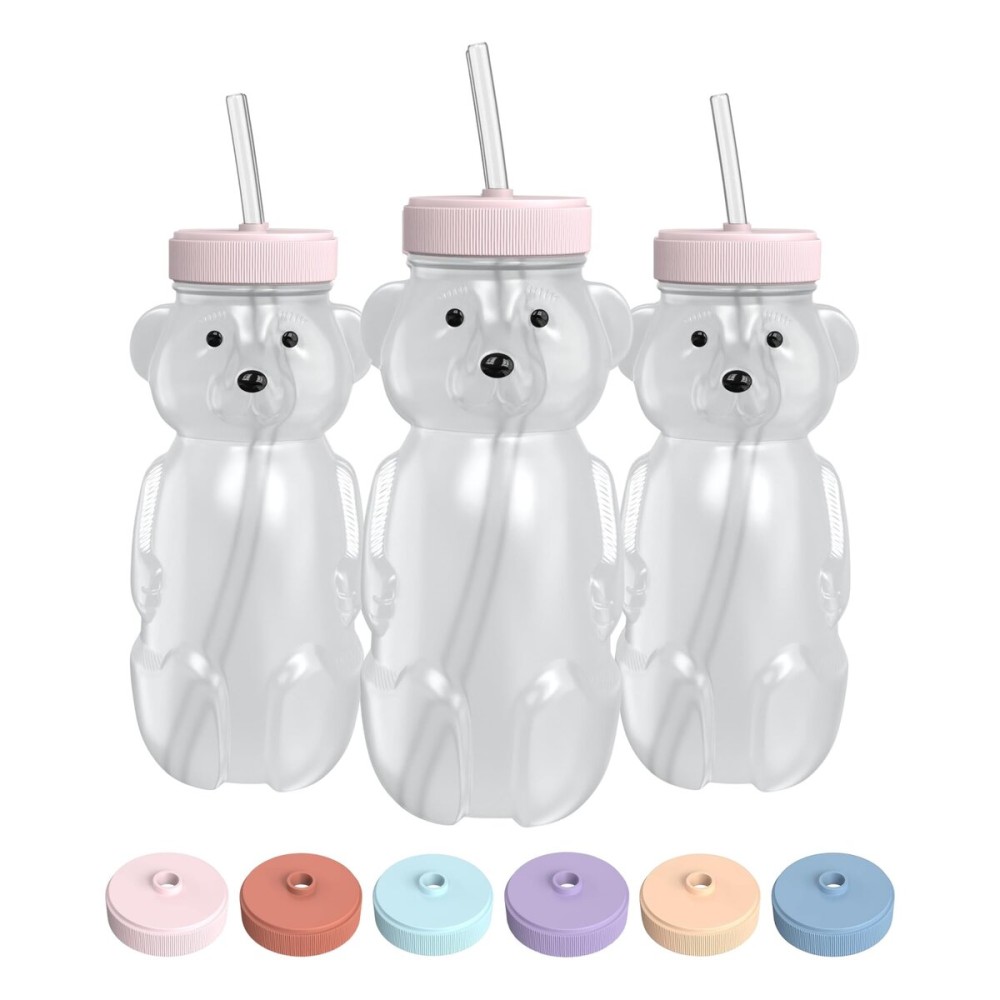 The 730 Project Honey Bear Straw Cup for Babies, 8-oz Honey Bear Cup with Lid, 3-Pack Therapy Learning Honeybear Straw, Baby Bottle Set, Cherry Blossom PINK