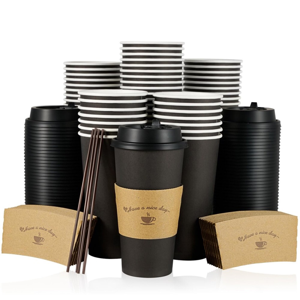 LITOPAK 50 Pack 20 oz Paper Coffee Cups for Hot Chocolate Drinks, Black Disposable Coffee Cups with Lids, Sleeves and Stirring Sticks for Parties, Picnic, Travel, and Events