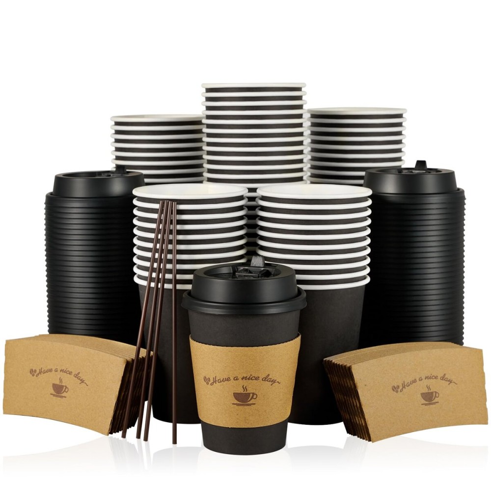 LITOPAK 100 Pack 12 oz Paper Coffee Cups for Hot Chocolate Drinks, Black Disposable Coffee Cups with Lids, Sleeves and Stirring Sticks for Parties, Picnic, Travel, and Events