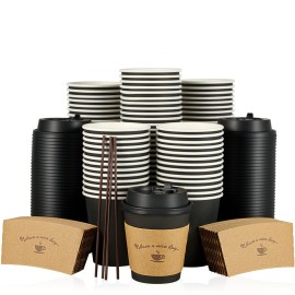 LITOPAK 100 Pack 10 oz Paper Coffee Cups for Hot Chocolate Drinks, Black Disposable Coffee Cups with Lids, Sleeves and Stirring Sticks for Parties, Picnic, Travel, and Events