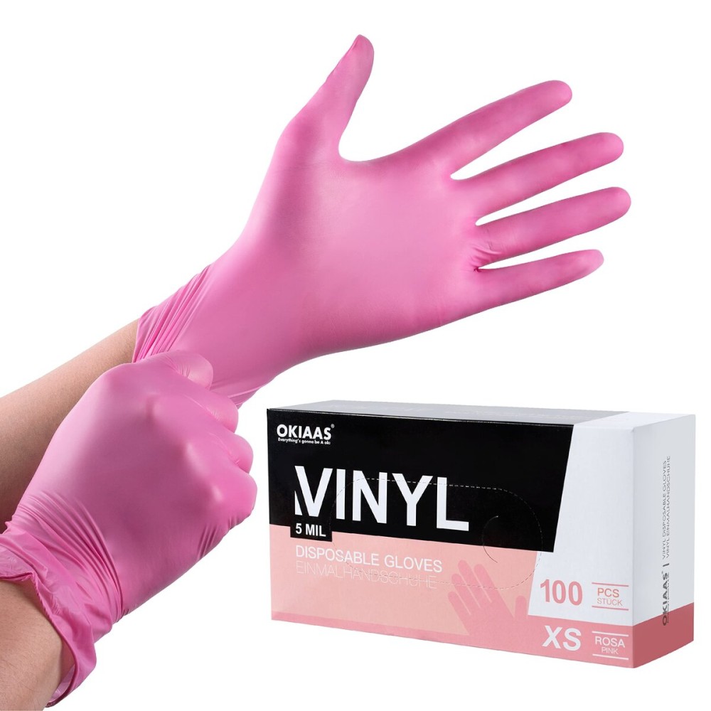 OKIAAS Black/Pink Vinyl Gloves Disposable Latex Free, Food Safe, Powder Free, 5 Mil Thickened for Cooking, Cleaning, Food Prep, Baking, Hair Dye, Tattoo, X-Small, 50 Count