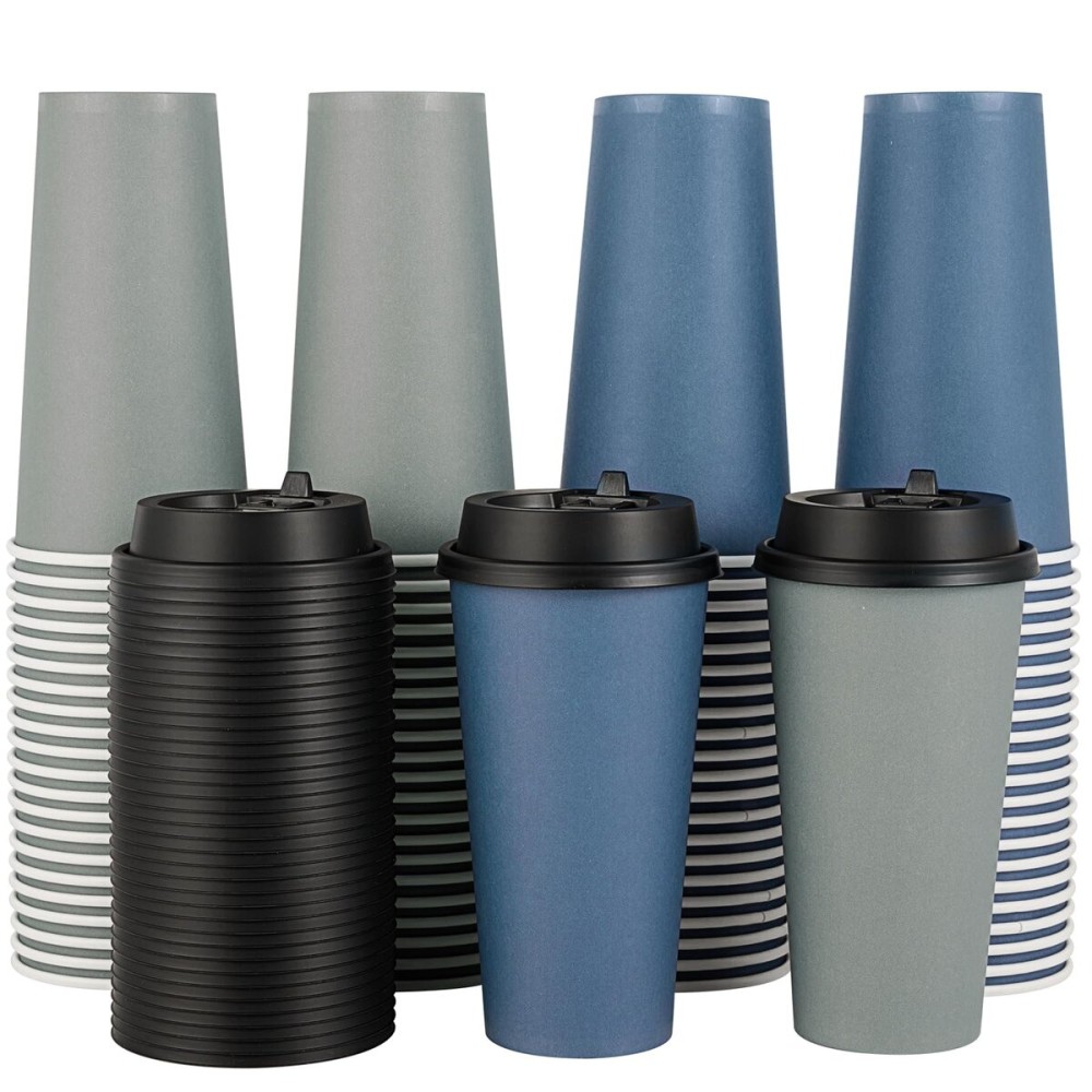 LITOPAK 100 Pack 20 oz Disposable Paper Coffee Cups with Lids for Coffee, Water, Juice, or Tea, Blue and Gray Hot Paper Cups for Home, Restaurant, Store, and Cafe