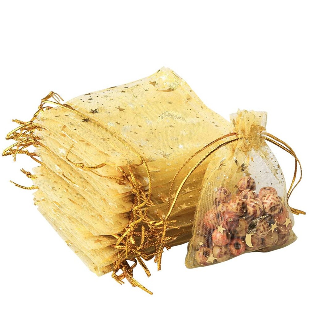 SUMAJU 100 Pieces Moon Star Organza Jewelry Candy Bags,Sheer Gold Organza Favor Bags Gift Pouch with Drawstring for Wedding Christmas Party Favors 7x9cm/2.7x3.5inch