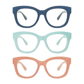 AMOMOMA 3 Pack Retro Oversized Reading Glasses for Women Blue Light Blocking Computer Readers Spring hinge AM6003 with Blue+Brown+Green Frame 2.50 x
