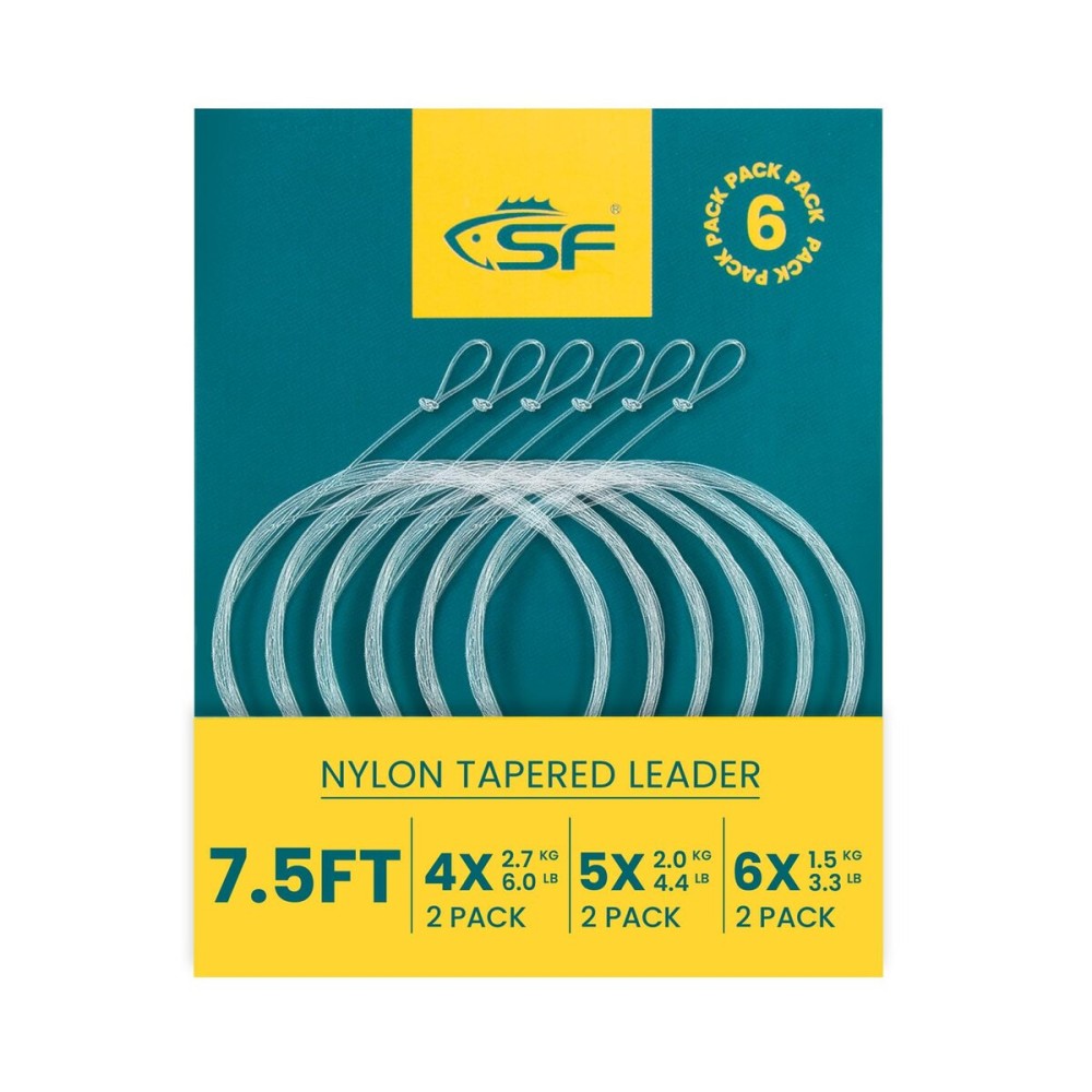 SF 6PCS Pre Tied Loop Fly Tapered Leader Nylon Fly Fishing Trout Leader Line 7.5FT-4X(2) 5X(2) 6X(2)