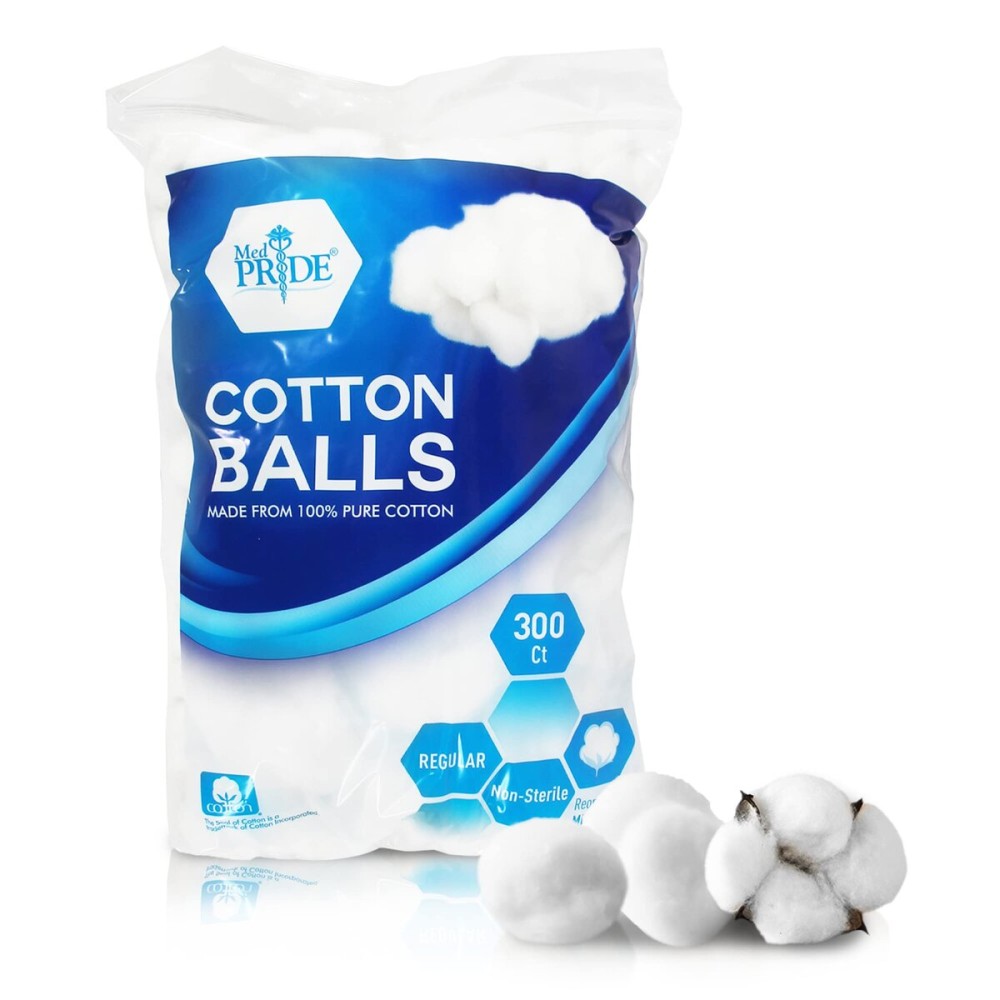 MED PRIDE Medical Cotton Balls, 100% Pure Cotton, Ultra Soft, 300 Count, for Ears, Face, Makeup Removal, Nail Polish, Lotions, Absorbent Multipurpose Use